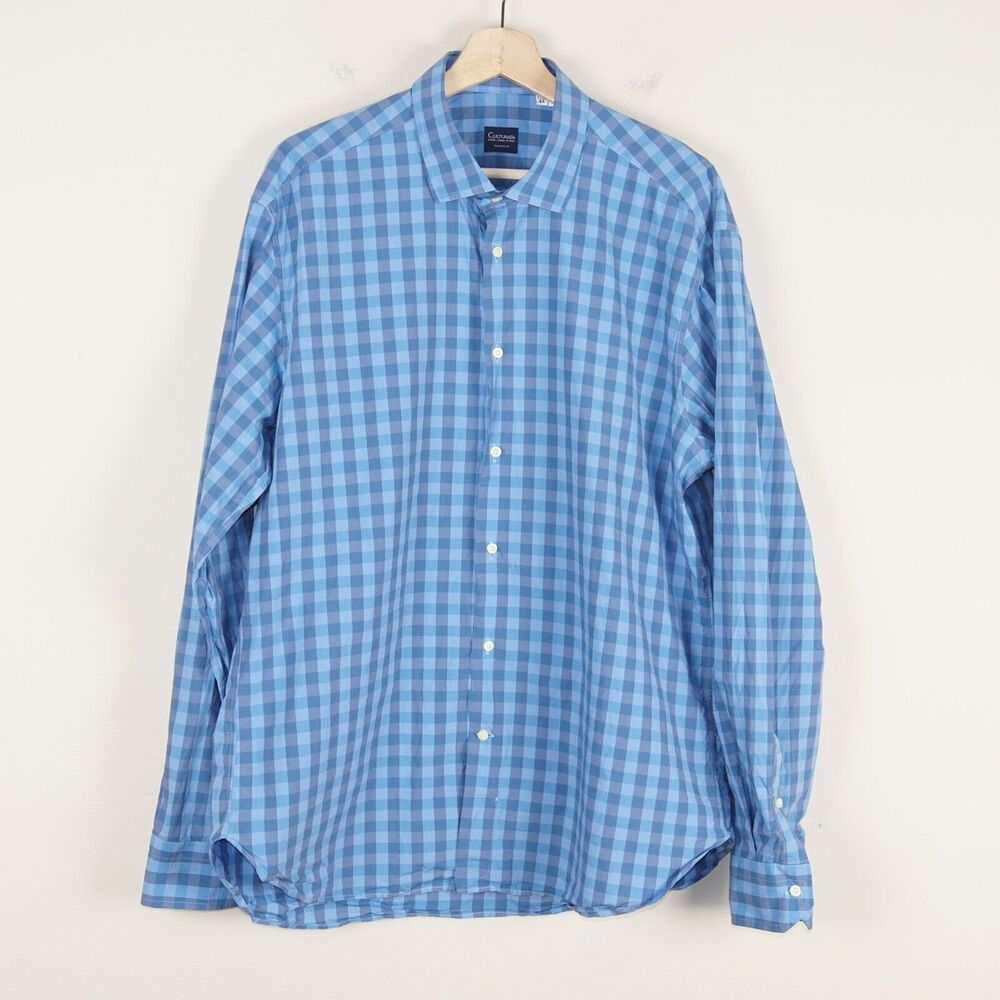Culturata Blue Check Long Sleeve Poplin Cotton Button Shirt Tailored Fit Mens XL
